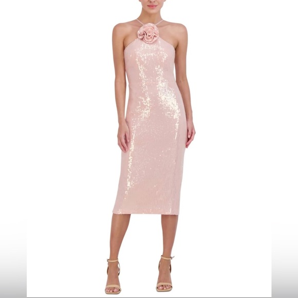 Eliza J Blush Pink Sequin Halter Midi Dress Size 12 NWT - Picture 1 of 12
